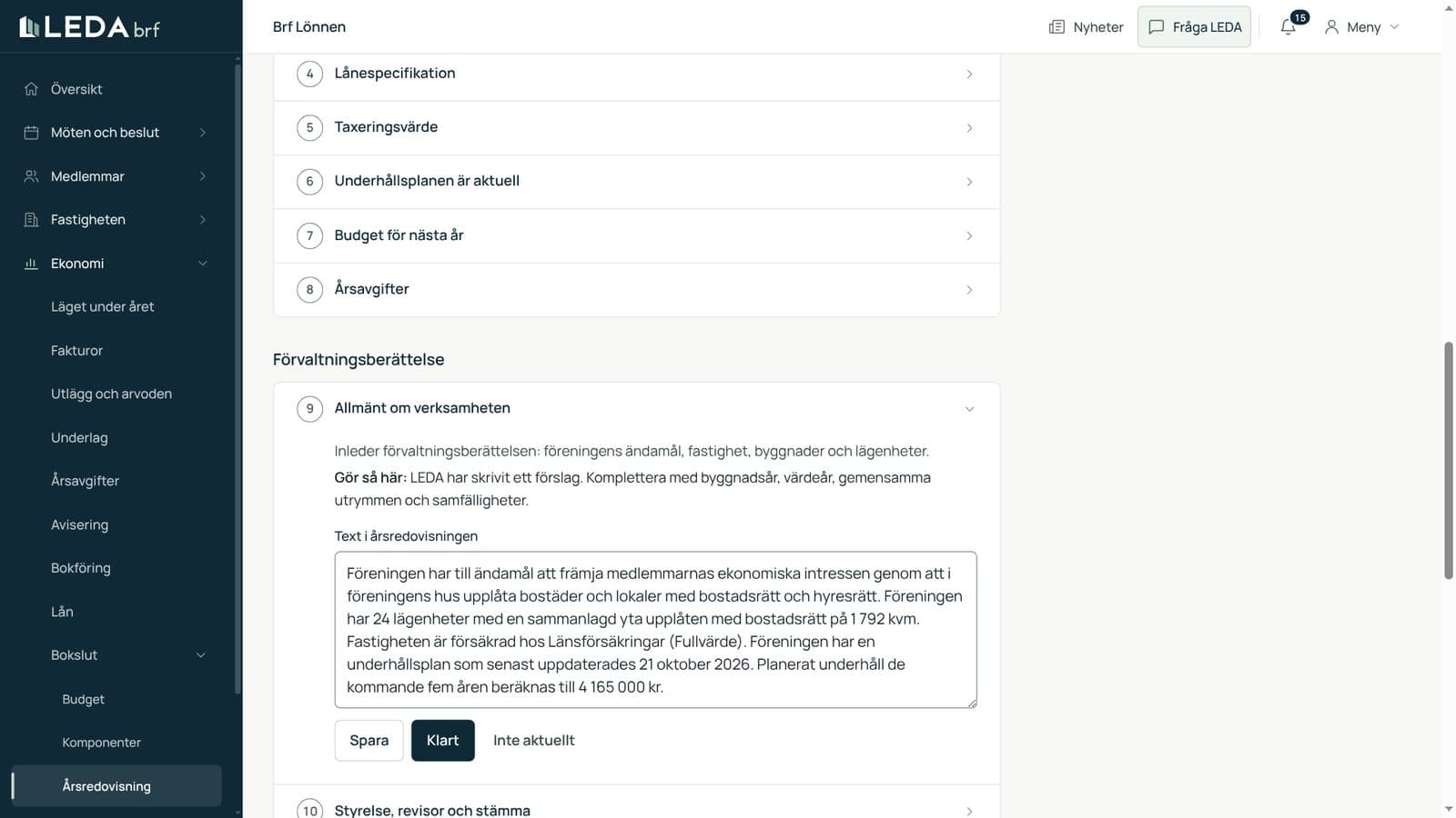 Årsredovisningen steg för steg, med LEDA:s förslag till förvaltningsberättelse