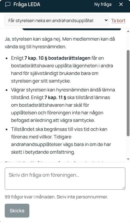Fråga LEDA svarar på en fråga om andrahandsupplåtelse med hänvisning till bostadsrättslagen