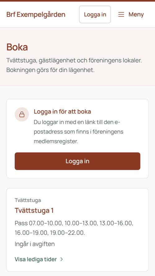 Bokningen på hemsidan i mobilen